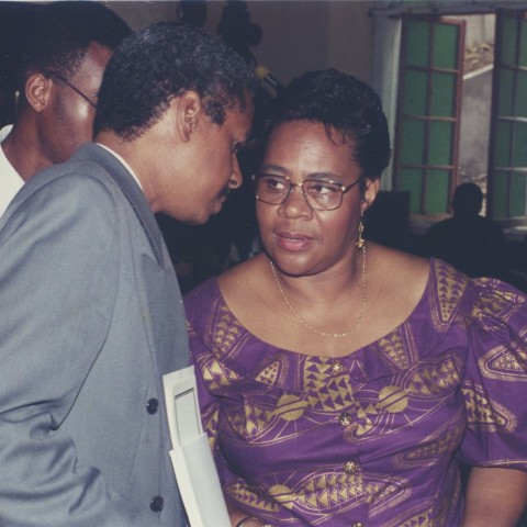 Dr. Walden (right) in consultation at the National Labour Day Church Service held at the Lucea United Church in Hanover in 1996