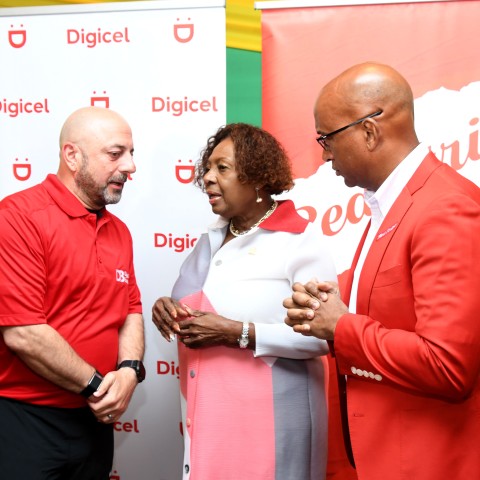 From left: CEO of Digicel, Stephen Murad; Minister of Culture, Gender, Entertainment and Sport, the Honourable Olivia Grange; and Head of Commerce at Red Stripe, Sean Wallace, engage in conversation following the I LOVE JAMAICA Telethon Media Briefing, held on Thursday, November 6, 2025, at the Roof Terrace,  Ministry of Culture, Gender, Entertainment and Sport.